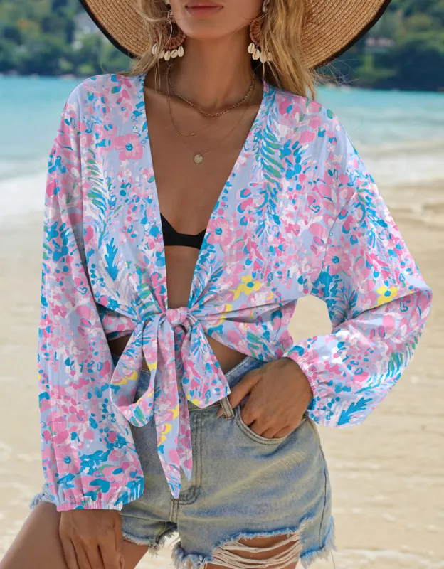 Ekouaer Tie-Front Long Sleeve Kimono Swimsuit Cover Up made by Ekouaer