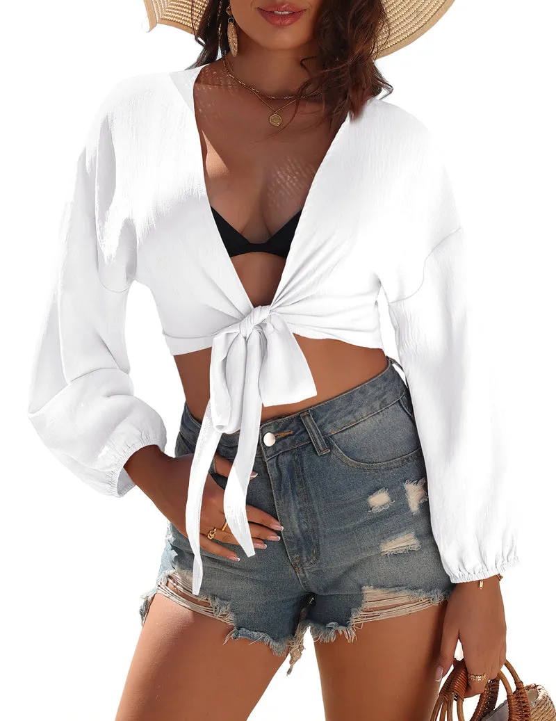 Ekouaer Tie-Front Long Sleeve Kimono Swimsuit Cover Up sold by Ekouaer product image thumbnail 5