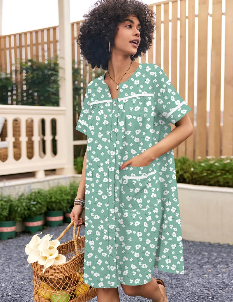 Ekouaer 100% Cotton Snap-Front Short Sleeve House Coat Moo Moo sold by Ekouaer product image thumbnail 4