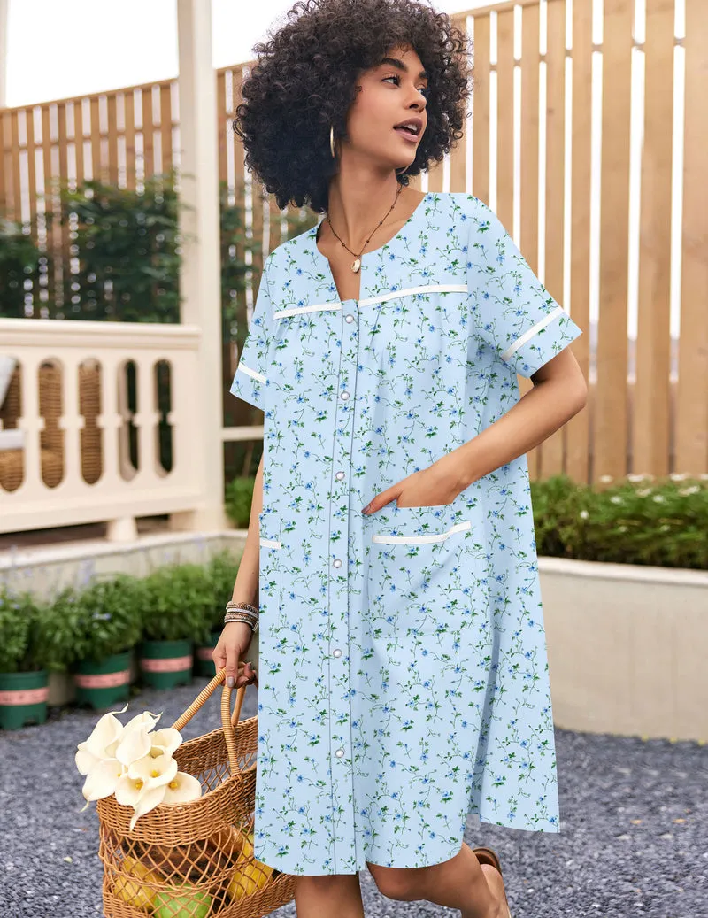 Ekouaer 100% Cotton Snap-Front Short Sleeve House Coat Moo Moo sold by Ekouaer product image thumbnail 5