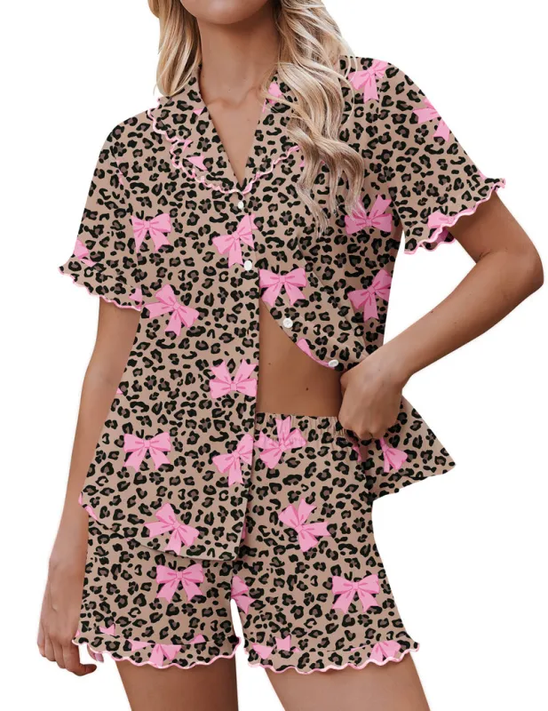 Ekouaer Button-Down Ruffle Short Sleeve 2-Piece Pajama Set made by Ekouaer