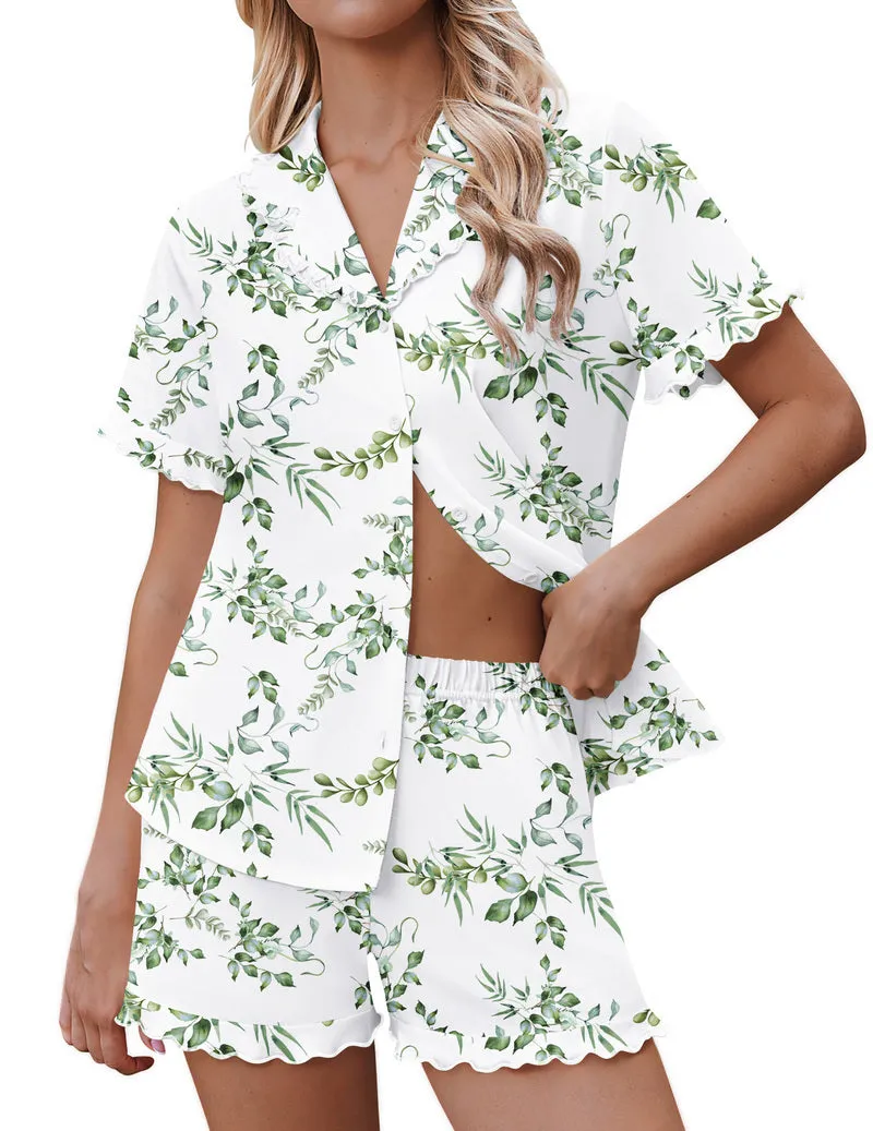 Ekouaer Button-Down Ruffle Short Sleeve 2-Piece Pajama Set sold by Ekouaer product image thumbnail 3