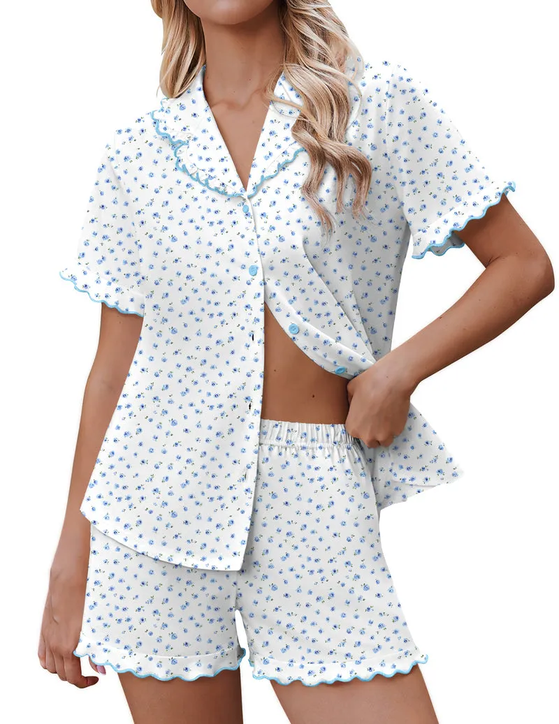 Ekouaer Button-Down Ruffle Short Sleeve 2-Piece Pajama Set sold by Ekouaer product image thumbnail 5