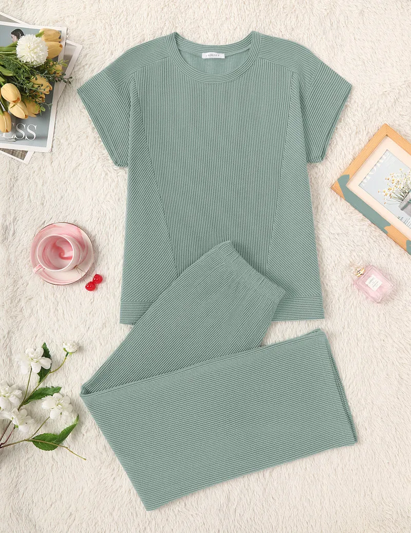 Ekouaer Ribbed Short Sleeve Top & Wide-Leg Pants 2-Piece Set sold by Ekouaer product image thumbnail 4