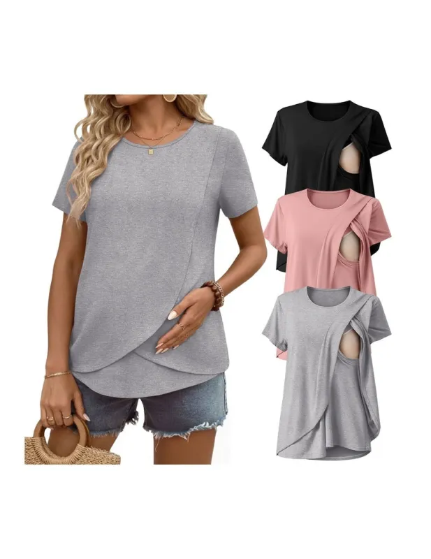 Ekouaer 3-Pack Double-Layer Short Sleeve Nursing Tops made by Ekouaer