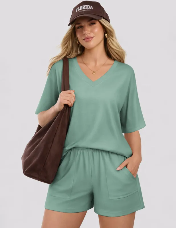 Ekouaer Short Sleeve V-Neck Top & Sleep Shorts Pajama Set made by Ekouaer