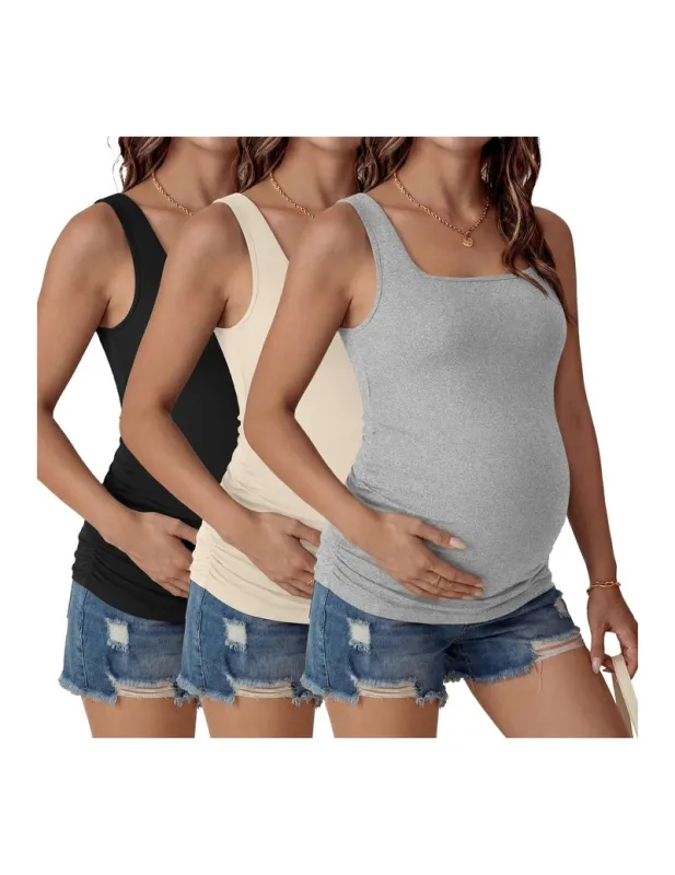 Ekouaer 3-Pack Square Neck Ruched Maternity Tank Tops made by Ekouaer
