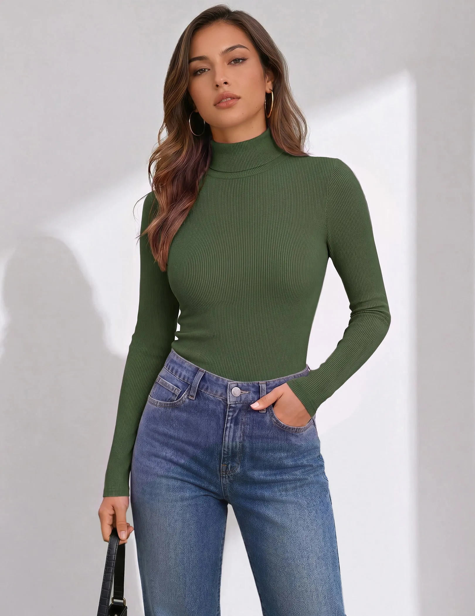Womens Turtleneck Long Sleeve Shirts Ribbed Casual Basic Tops Fitted sold by Ekouaer product image thumbnail 2