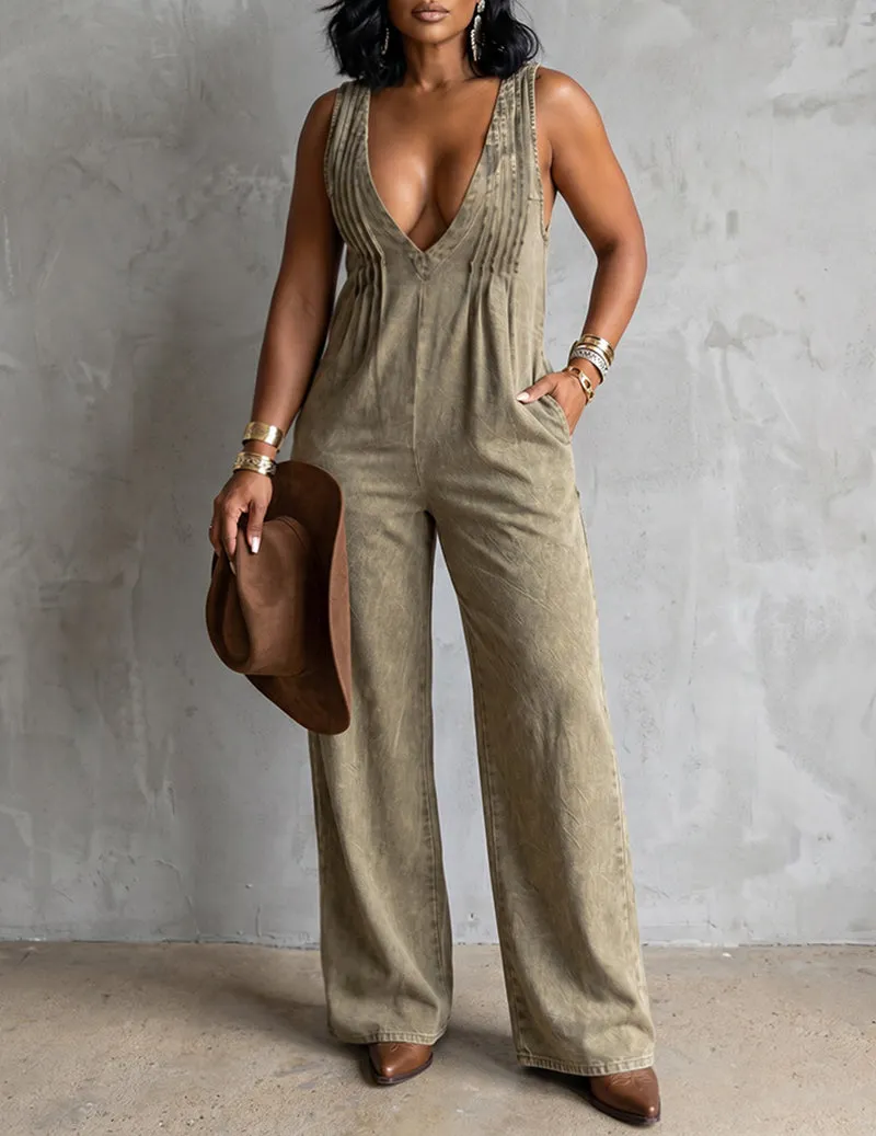 Denim-Style Deep V-Neck Sleeveless Wide-Leg Jumpsuit sold by Ekouaer product image thumbnail 5