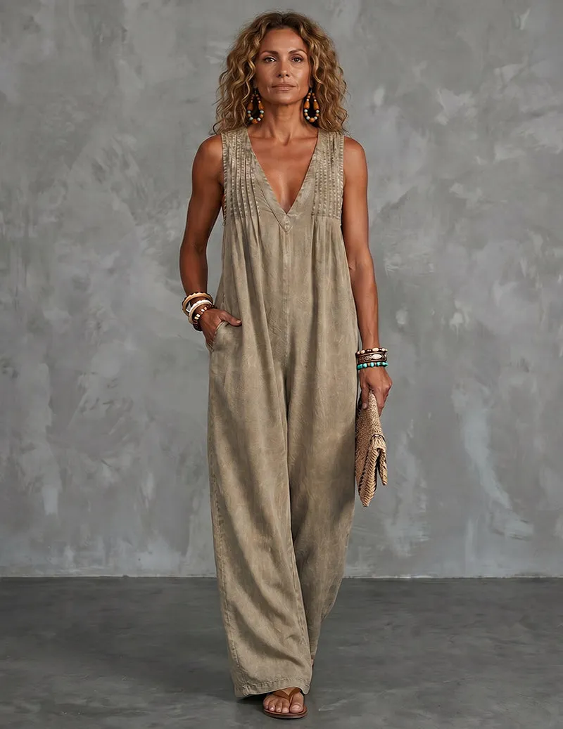 Denim-Style Deep V-Neck Sleeveless Wide-Leg Jumpsuit sold by Ekouaer product image thumbnail 3