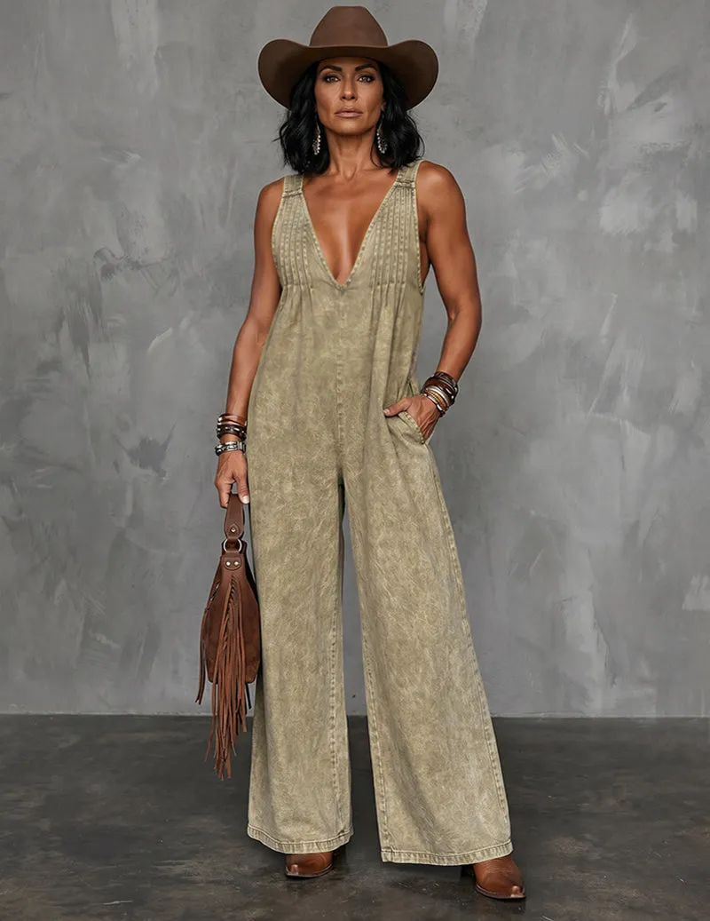 Denim-Style Deep V-Neck Sleeveless Wide-Leg Jumpsuit sold by Ekouaer product image thumbnail 2