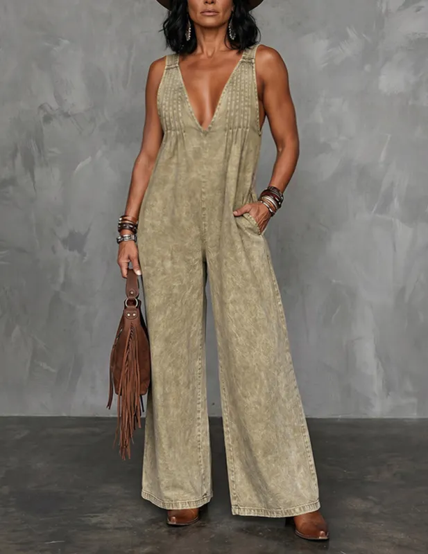 Denim-Style Deep V-Neck Sleeveless Wide-Leg Jumpsuit made by Ekouaer