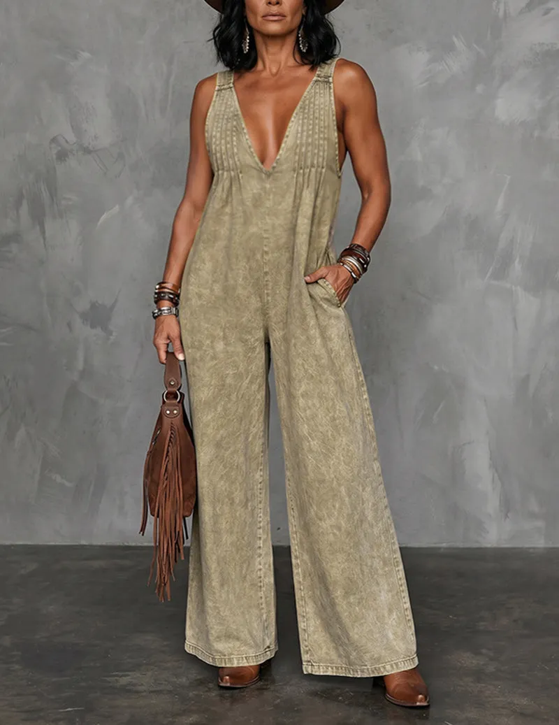 Denim-Style Deep V-Neck Sleeveless Wide-Leg Jumpsuit sold by Ekouaer