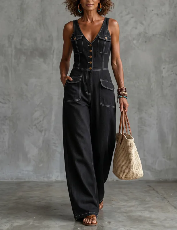 Denim-Style V-Neck Sleeveless Wide-Leg Jumpsuit with Pockets made by Ekouaer