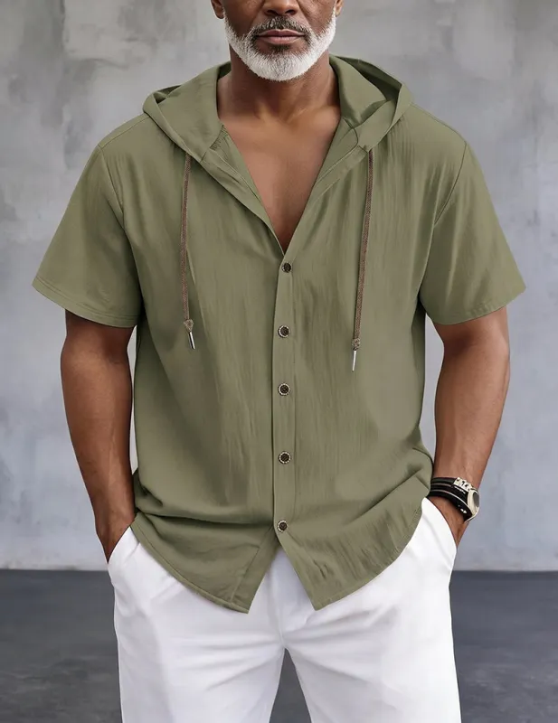 Men Short-Sleeve Hooded Button-Front Linen Shirt made by Ekouaer