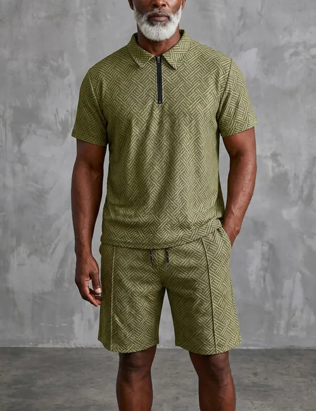 Men Geometric Print Quarter-Zip Polo 2-Piece Shorts Set made by Ekouaer