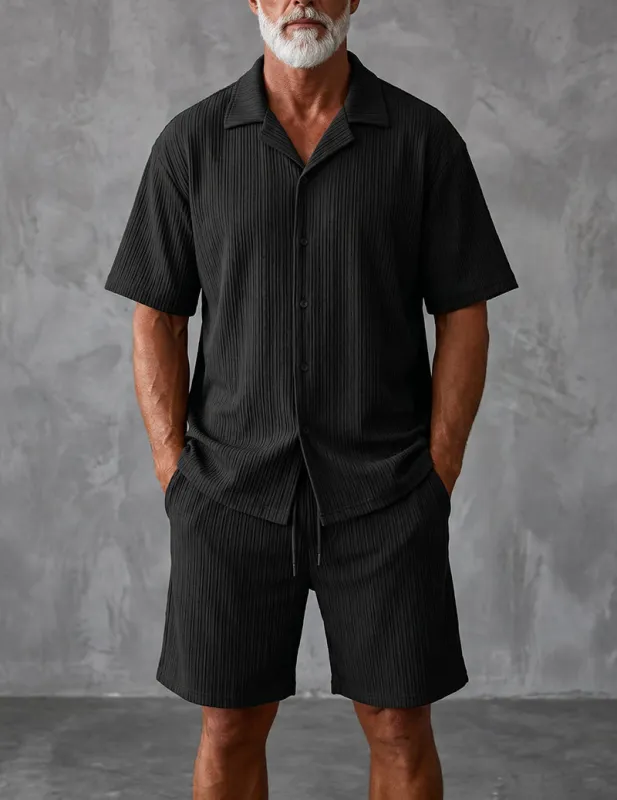 Men Striped Camp-Collar Shirt and Shorts Set made by Ekouaer