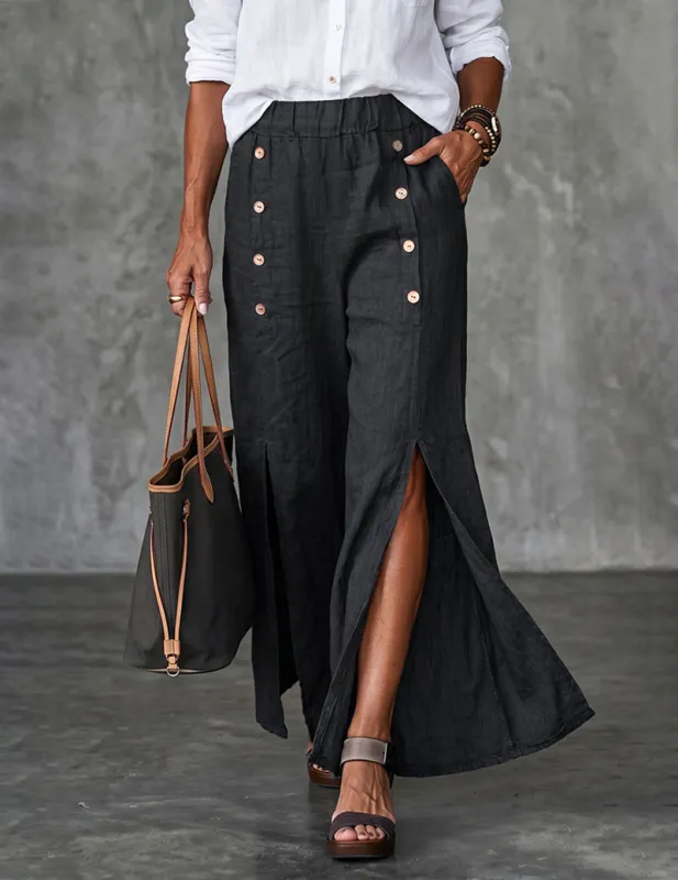 Wide-Leg Button-Trim Front-Slit Pants made by Ekouaer