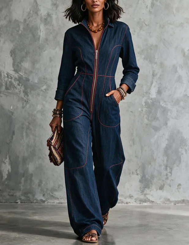 Retro Red Topstitched Denim Wide Leg Long Sleeve Jumpsuit made by Ekouaer
