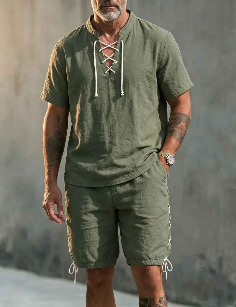 Men's Linen Blend Short Sleeve Shirt and Shorts Set sold by Ekouaer product image thumbnail 3