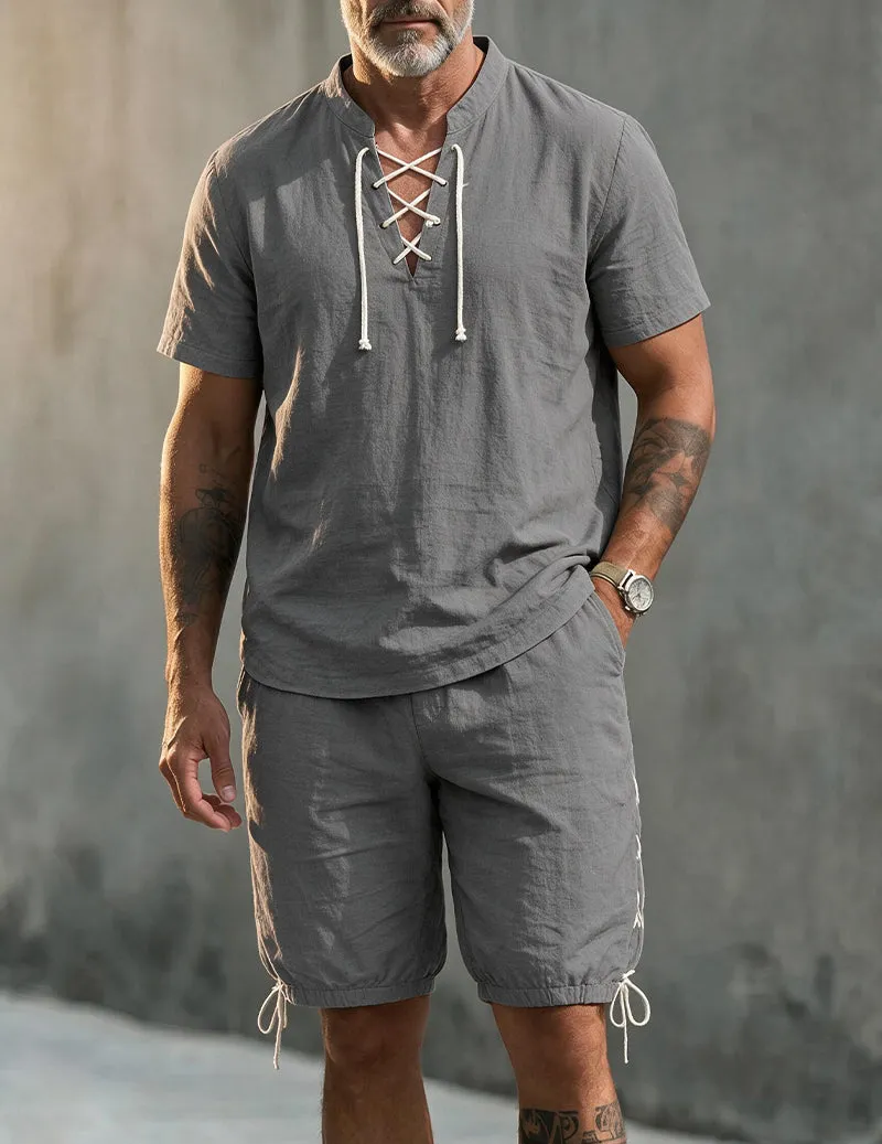 Men's Linen Blend Short Sleeve Shirt and Shorts Set sold by Ekouaer product image thumbnail 4
