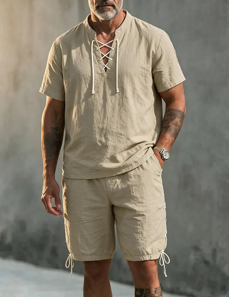 Men's Linen Blend Short Sleeve Shirt and Shorts Set sold by Ekouaer product image thumbnail 5