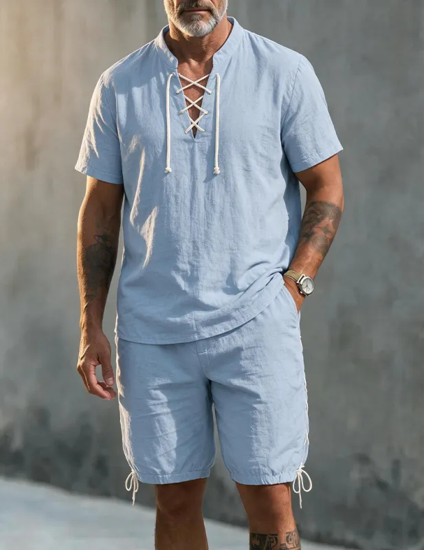 Men's Linen Blend Short Sleeve Shirt and Shorts Set made by Ekouaer