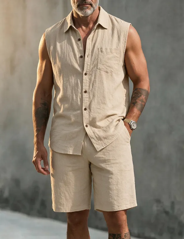 Men's Linen Blend Short Sleeve Shirt and Shorts Set made by Ekouaer