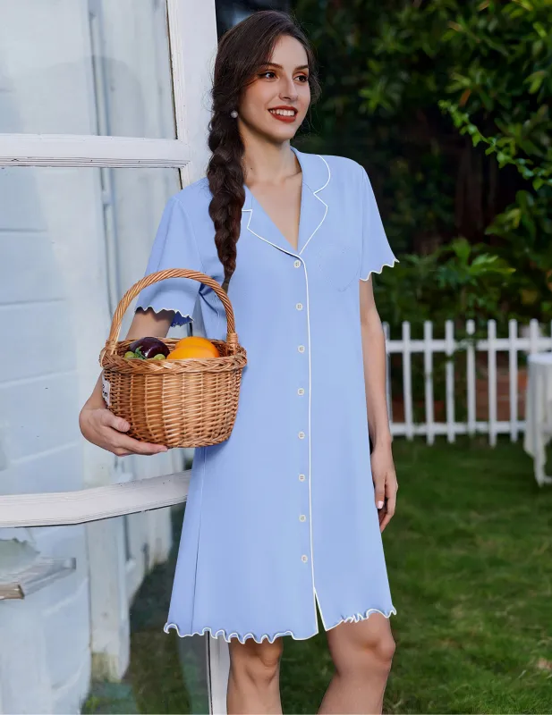 Ekouaer Cotton Button-Down Nightgown Short Sleeve Soft Boyfriend Sleepshirt made by Ekouaer