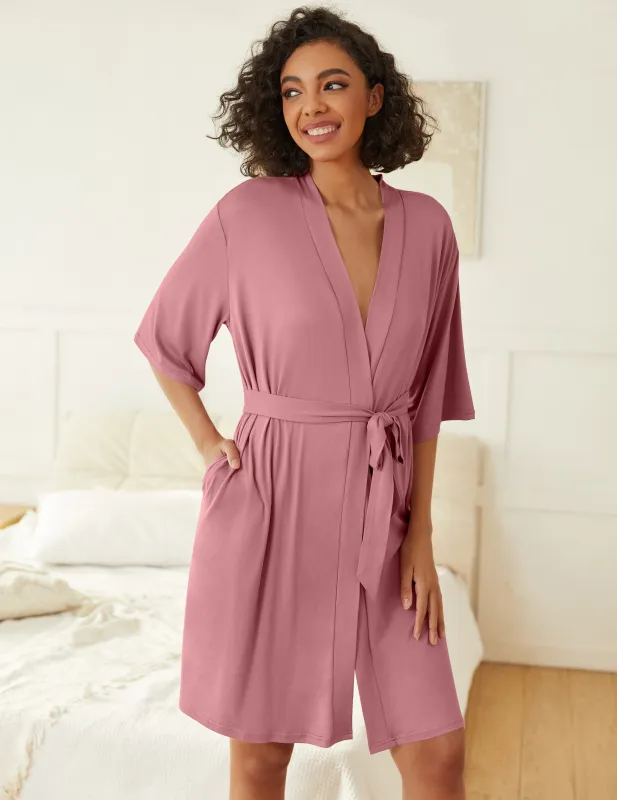 Ekouaer Short Knit Kimono Robe Lightweight Bathrobe with Pockets made by Ekouaer