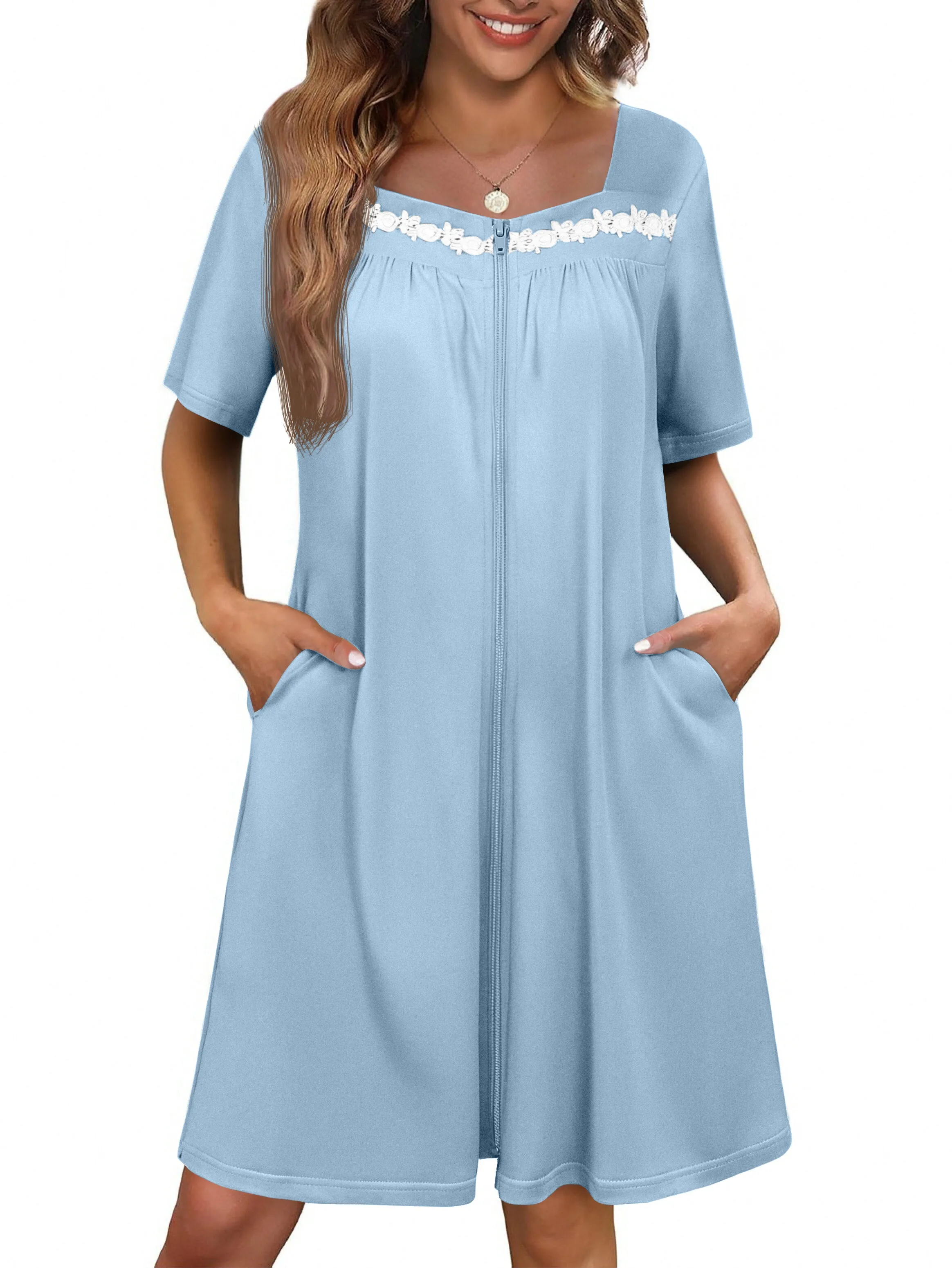 Ekouaer Short-Sleeve Zip-Front Robe Housecoat Bathrobe with Pockets sold by Ekouaer product image thumbnail 4