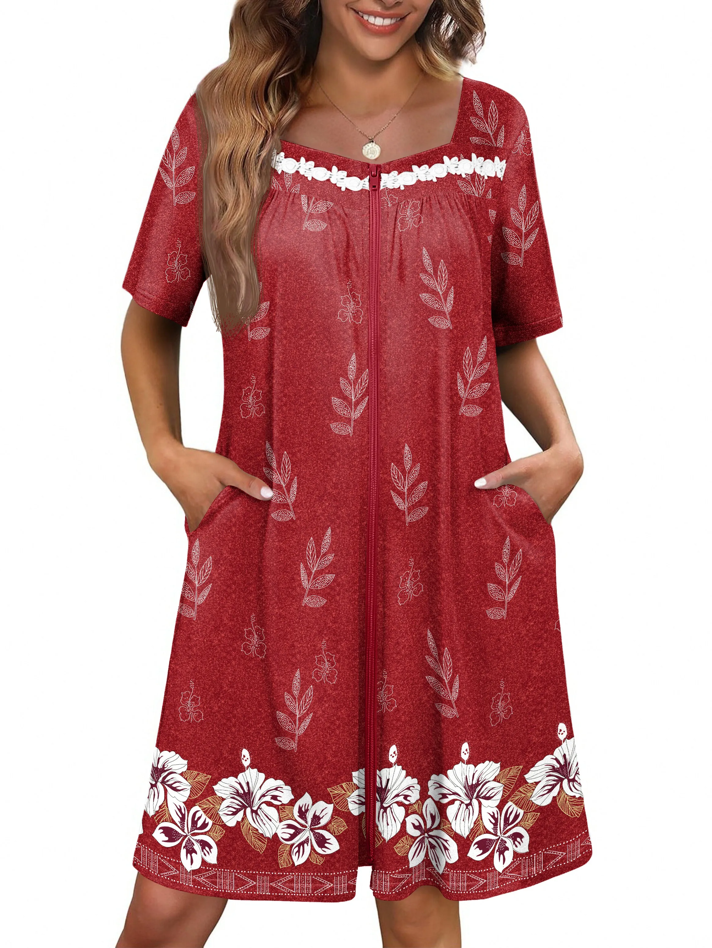 Ekouaer Short-Sleeve Zip-Front Robe Housecoat Bathrobe with Pockets sold by Ekouaer product image thumbnail 5