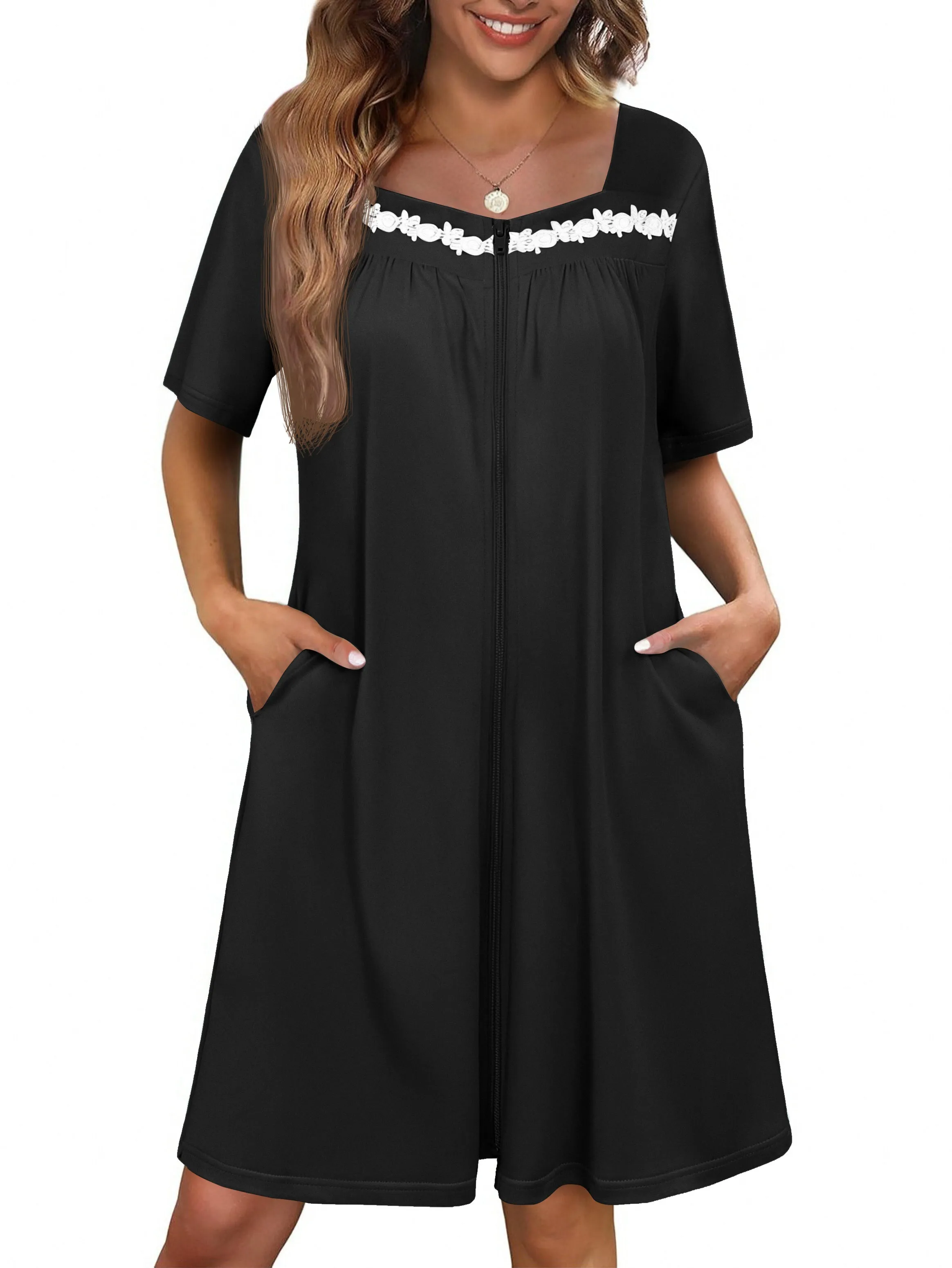 Ekouaer Short-Sleeve Zip-Front Robe Housecoat Bathrobe with Pockets sold by Ekouaer product image thumbnail 3