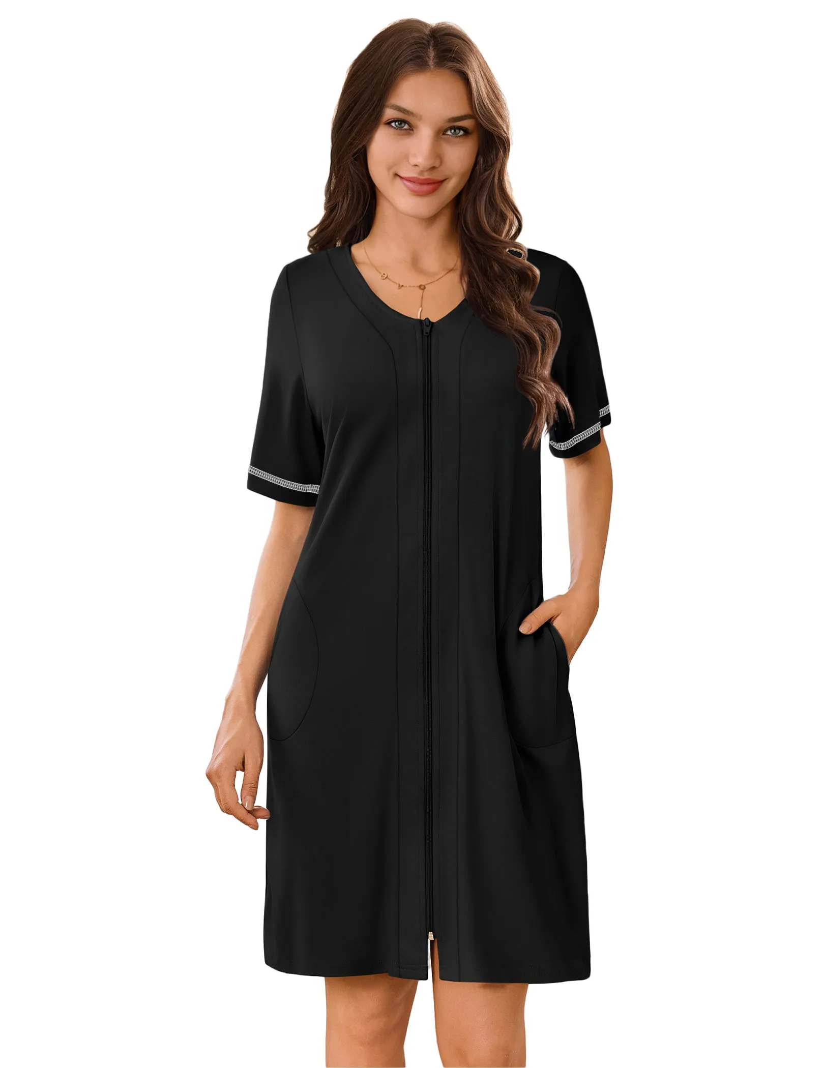 Ekouaer Zip-Up Short Robe Lightweight Housecoat Bathrobe with Pockets sold by Ekouaer product image thumbnail 4