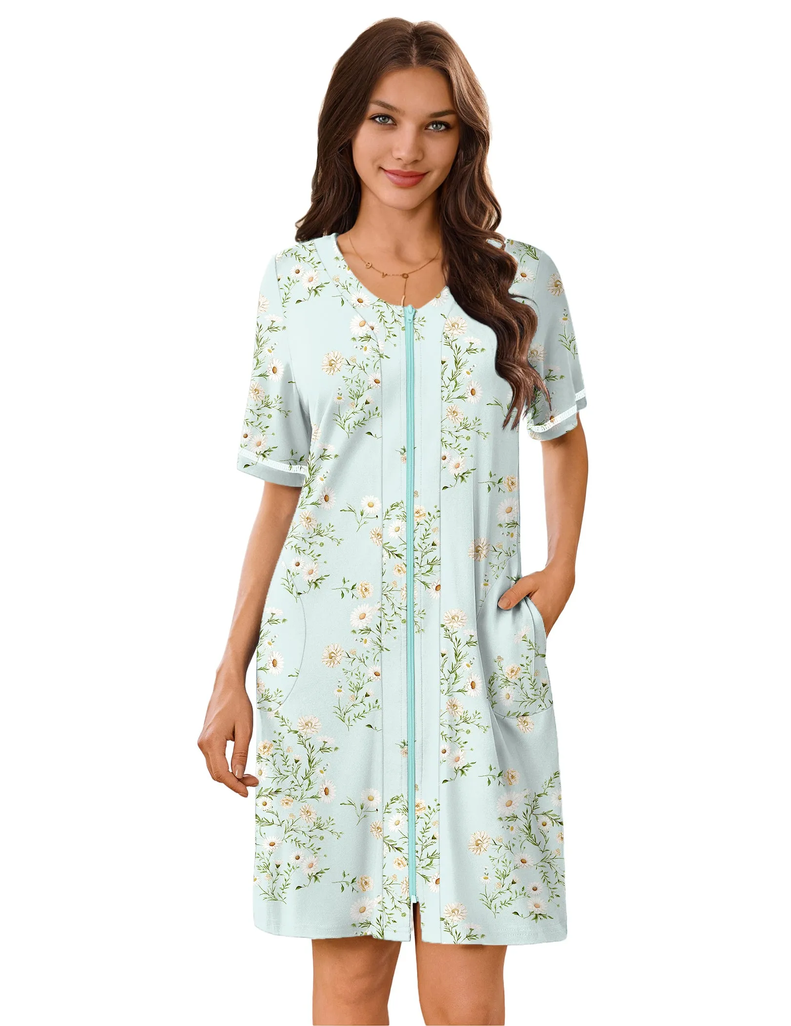 Ekouaer Zip-Up Short Robe Lightweight Housecoat Bathrobe with Pockets sold by Ekouaer product image thumbnail 3