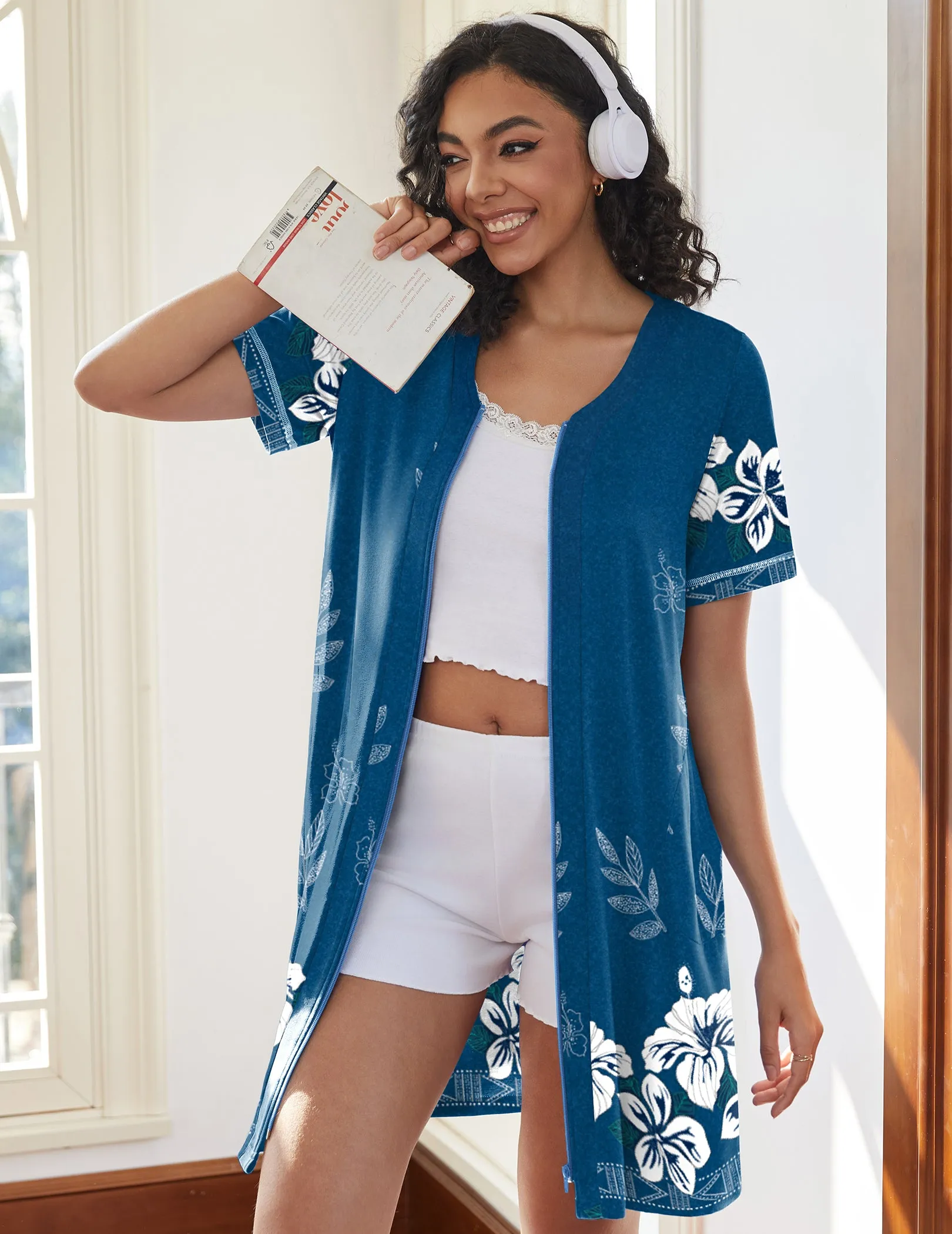Ekouaer Zip-Up Short Robe Lightweight Housecoat Bathrobe with Pockets sold by Ekouaer