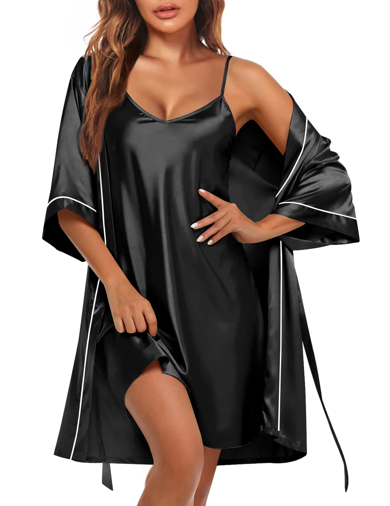 Ekouaer Satin Robe Set V-Neck 2-Piece Bathrobe 3/4 Sleeve Bridal Cami Nightgown sold by Ekouaer product image thumbnail 2