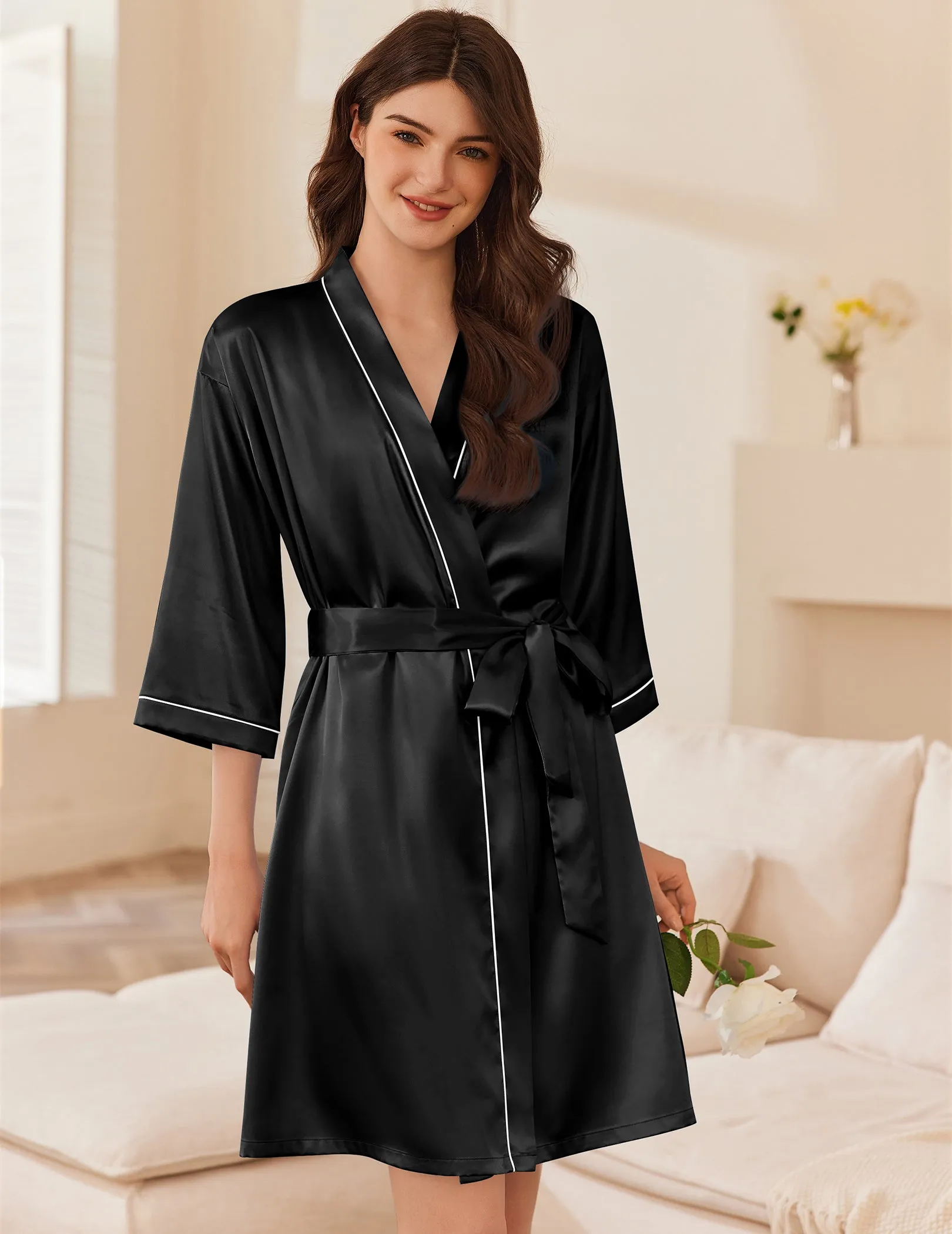 Ekouaer Satin Robe Set V-Neck 2-Piece Bathrobe 3/4 Sleeve Bridal Cami Nightgown sold by Ekouaer product image thumbnail 3