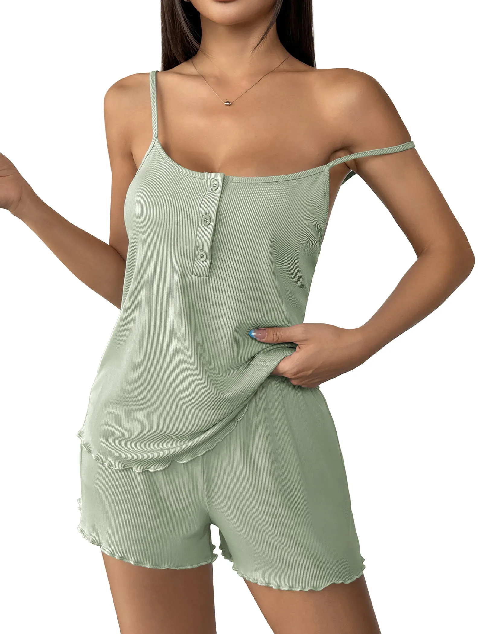 Ekouaer Ribbed Knit Cami Pajama Set Lingerie-Style Shorts Sleepwear sold by Ekouaer product image thumbnail 2