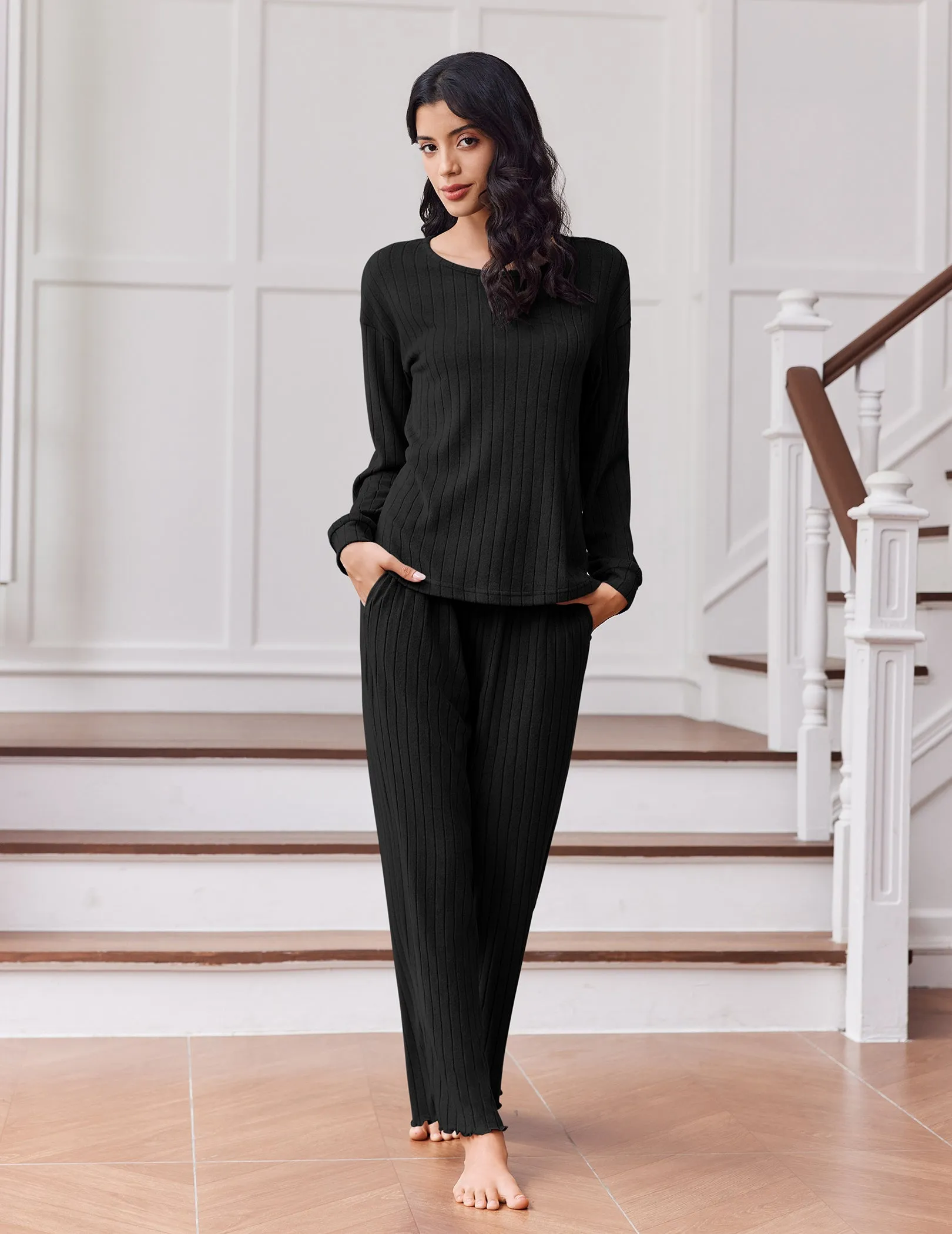 Ekouaer Ribbed Knit Lounge Set 2-Piece Long Sleeve Pajama Sleepwear sold by Ekouaer product image thumbnail 4