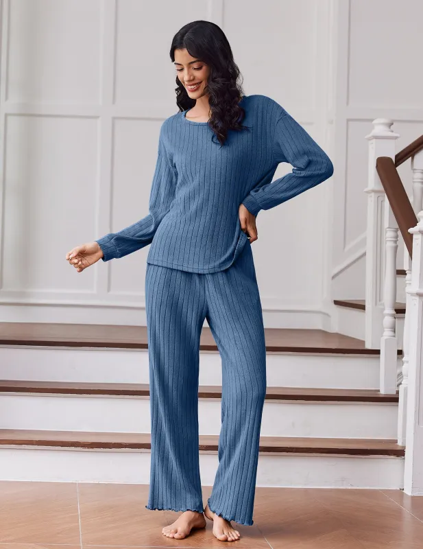 Ekouaer Ribbed Knit Lounge Set 2-Piece Long Sleeve Pajama Sleepwear made by Ekouaer