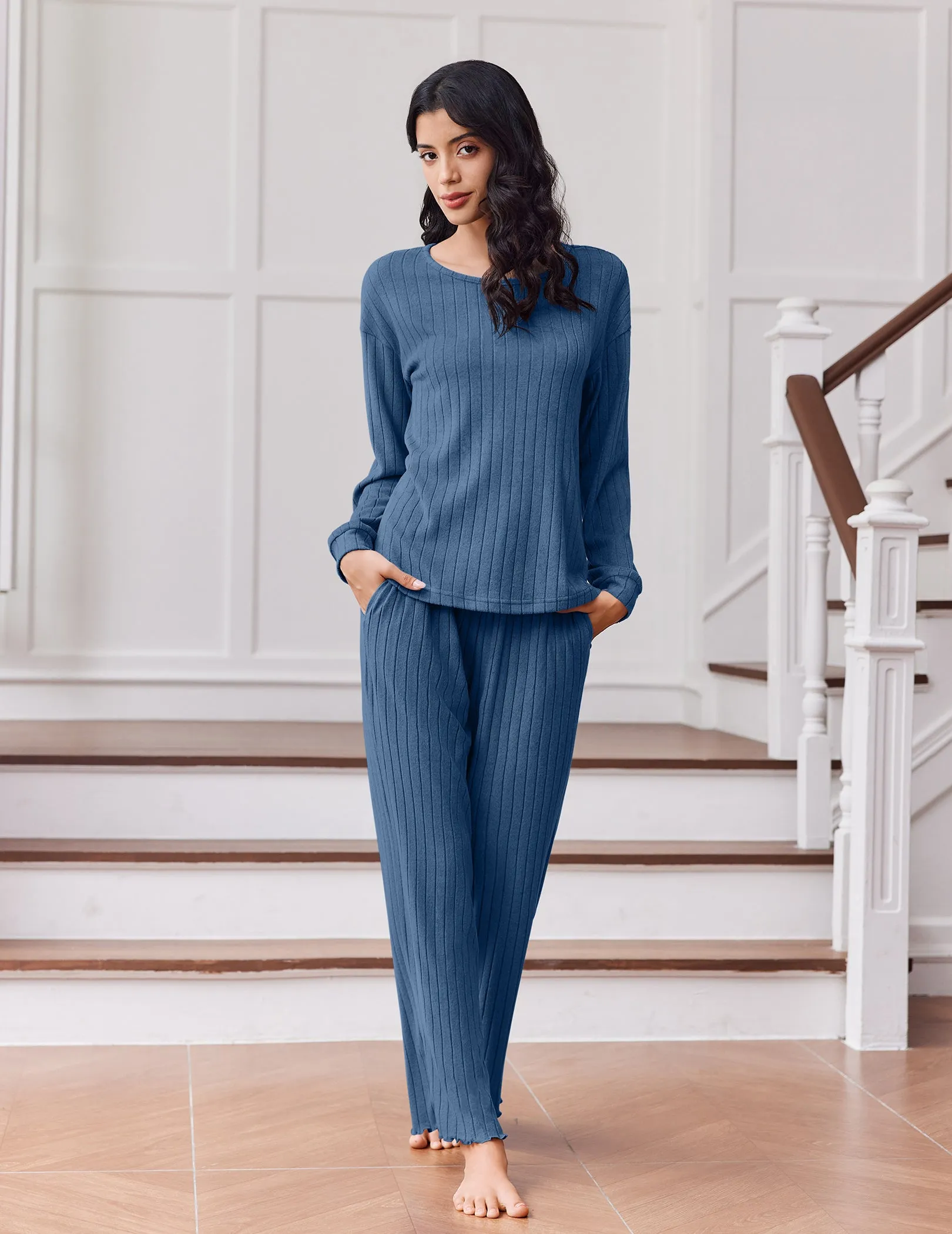 Ekouaer Ribbed Knit Lounge Set 2-Piece Long Sleeve Pajama Sleepwear sold by Ekouaer product image thumbnail 2