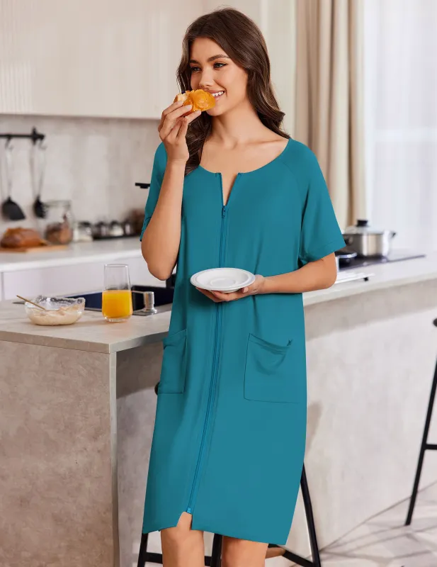 Ekouaer Zip-Up Short Robe Lightweight Floral Housecoat with Pockets made by Ekouaer