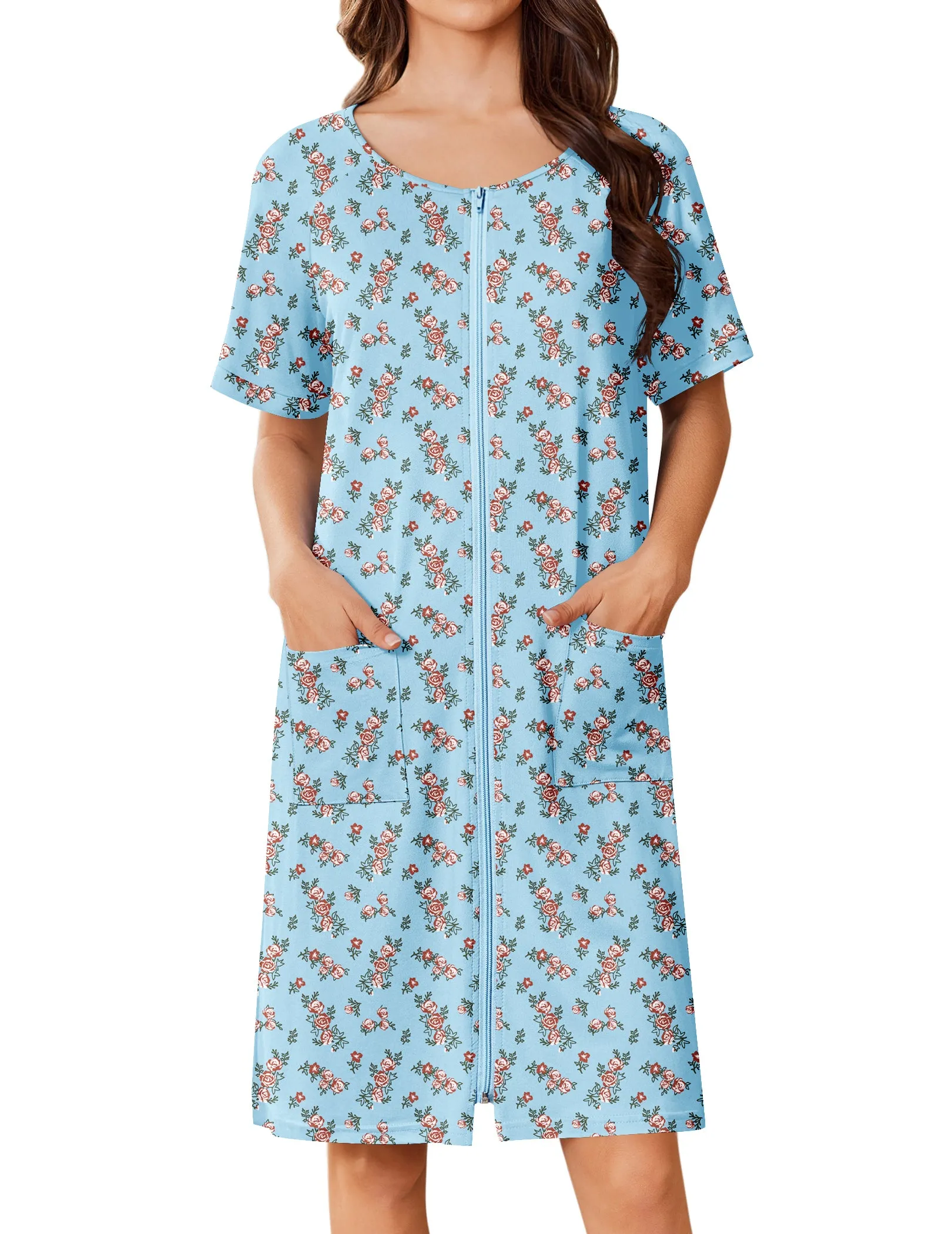 Ekouaer Zip-Up Short Robe Lightweight Floral Housecoat with Pockets sold by Ekouaer product image thumbnail 4