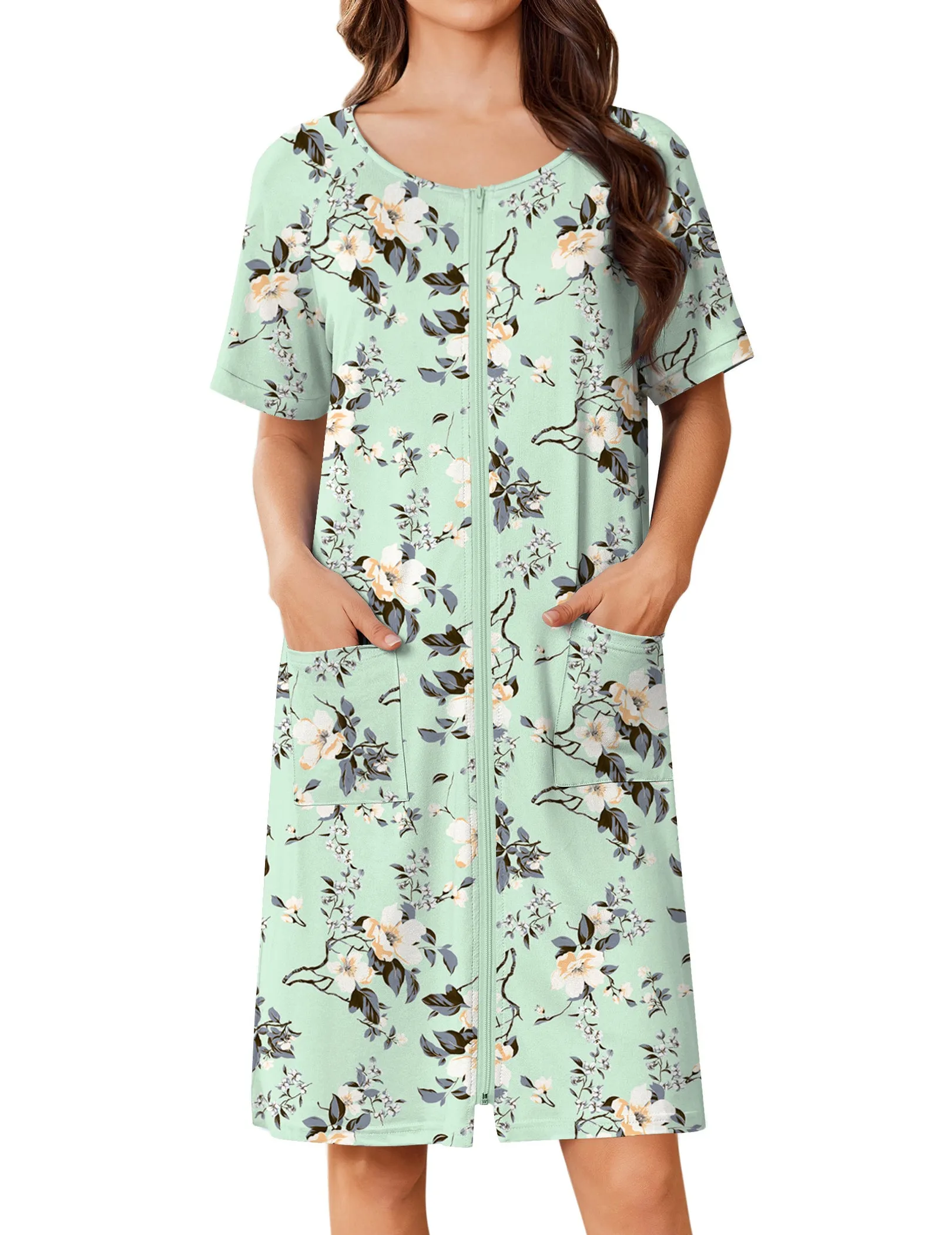 Ekouaer Zip-Up Short Robe Lightweight Floral Housecoat with Pockets sold by Ekouaer product image thumbnail 3