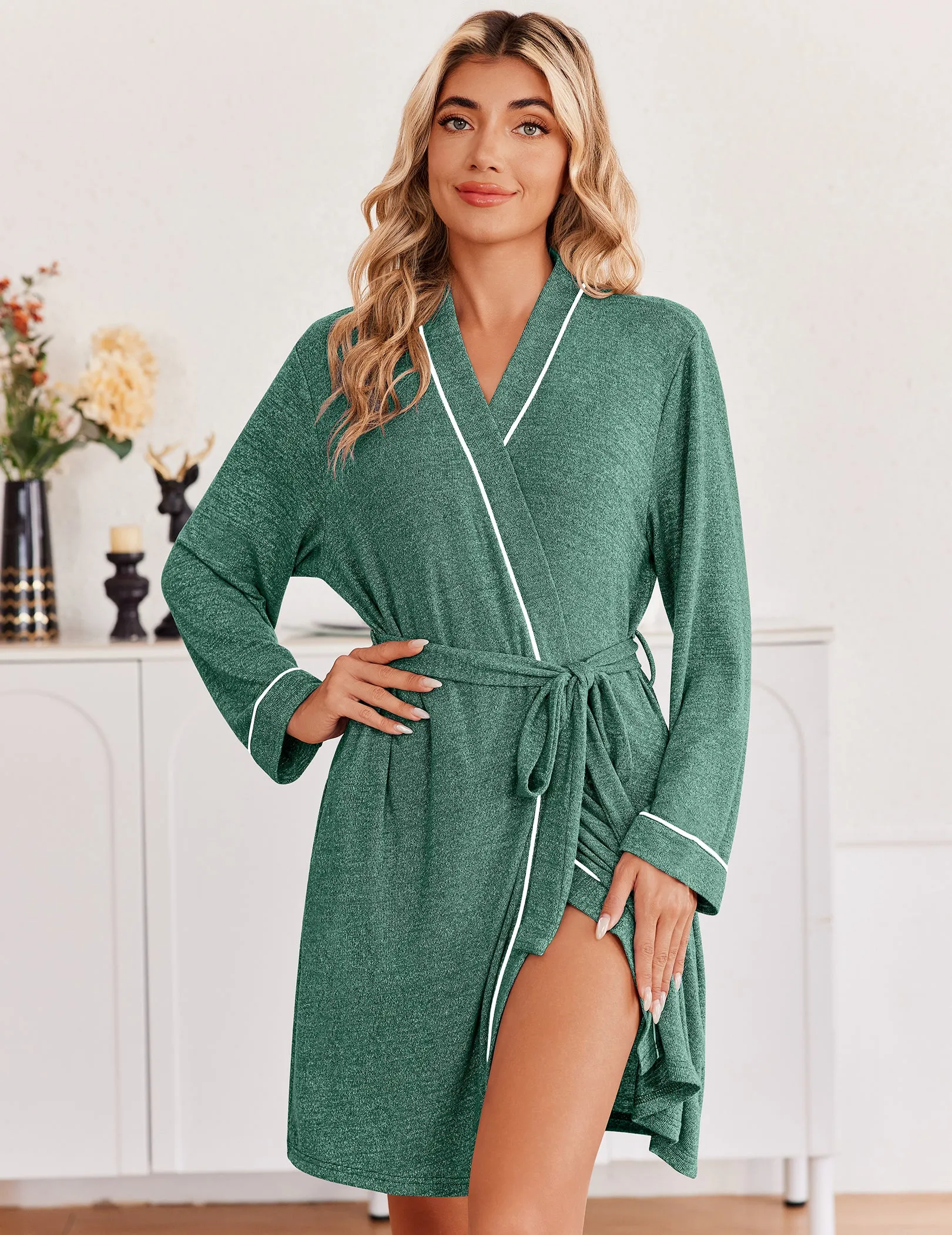 Long Sleeve Kimono Robe Lightweight Soft Bathrobe with Pockets sold by Ekouaer product image thumbnail 5