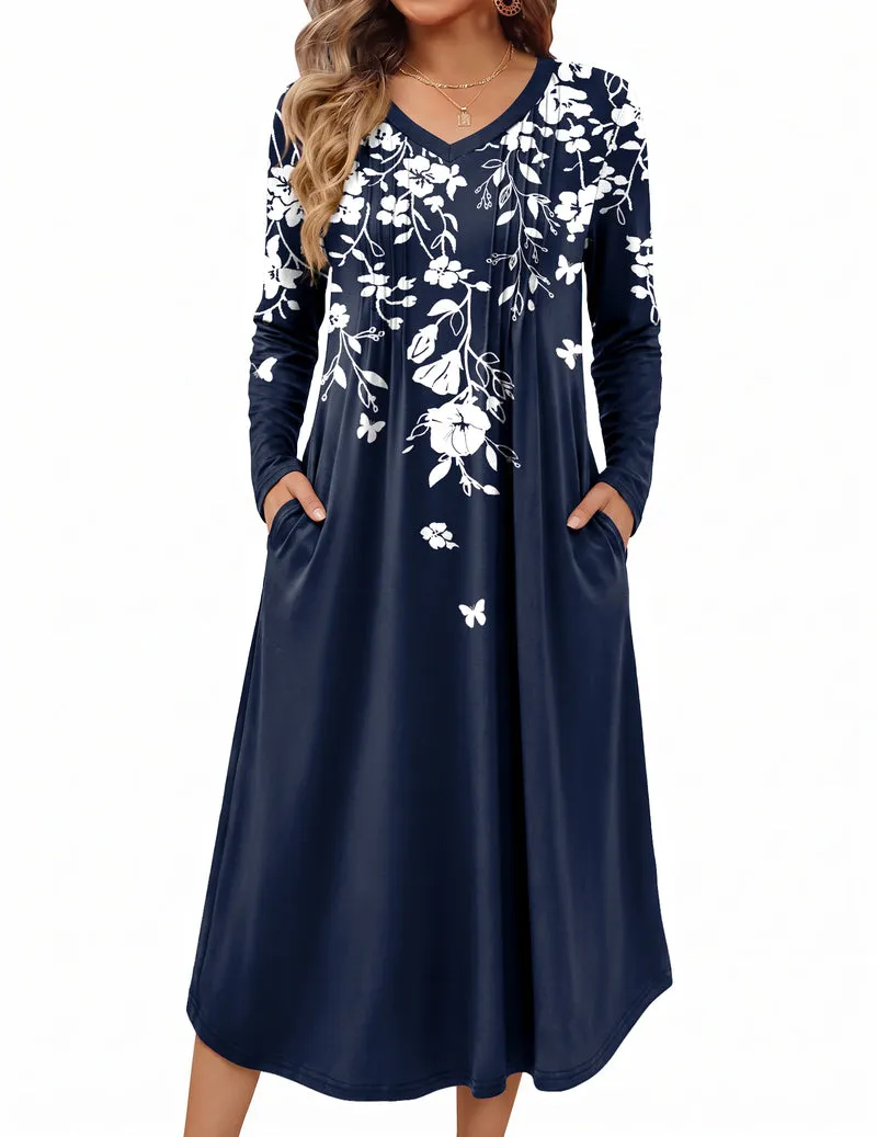 Ekouaer Long Sleeve Floral Pleated Nightgown with Pockets sold by Ekouaer product image thumbnail 2