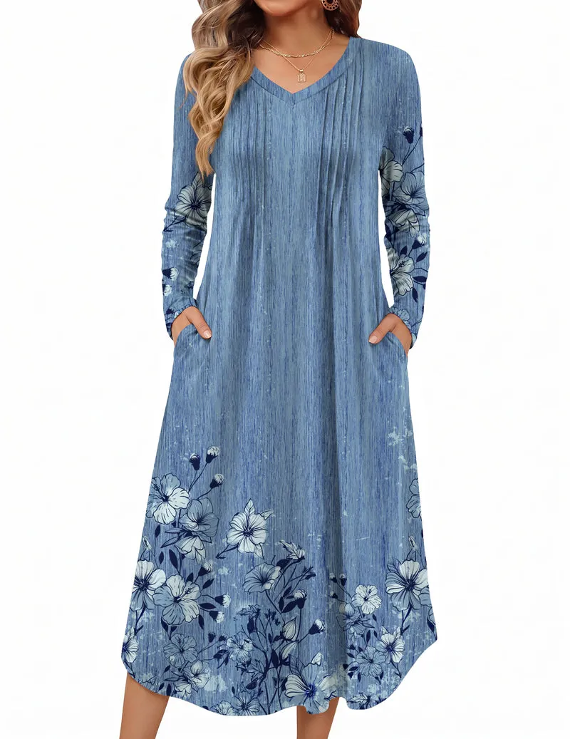 Ekouaer Long Sleeve Floral Pleated Nightgown with Pockets sold by Ekouaer product image thumbnail 3