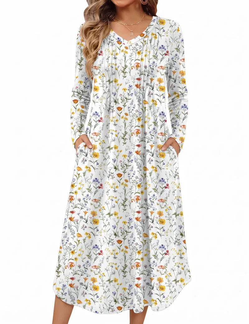 Ekouaer Long Sleeve Floral Pleated Nightgown with Pockets sold by Ekouaer product image thumbnail 4