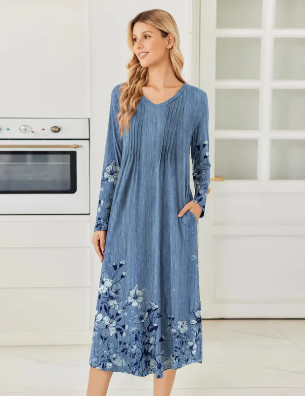 Ekouaer Long Sleeve Floral Pleated Nightgown with Pockets made by Ekouaer